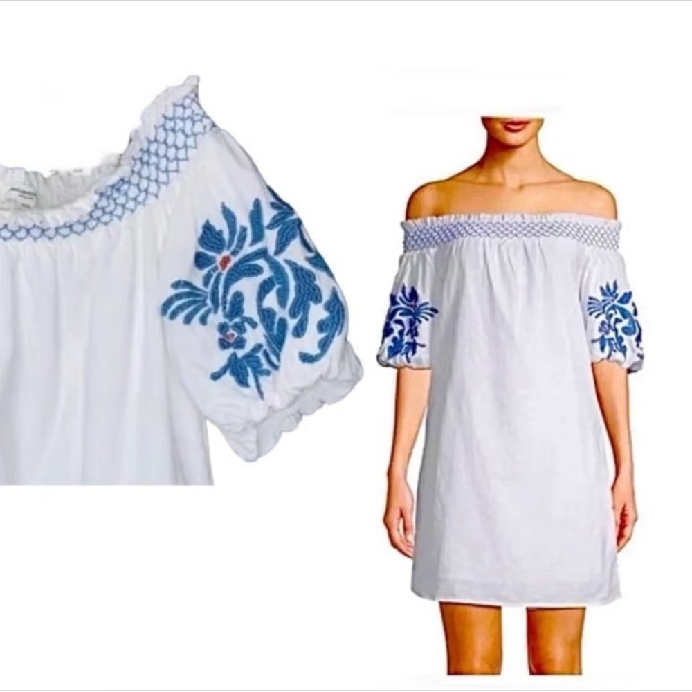 beachlunchlounge White Off-Shoulder Dress with Blue Embroidery size L